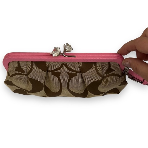 Rare Coach Limited Edition Jeweled Kisslock Wristlet Clutch Bag Hot Pink Brown - Picture 3 of 13